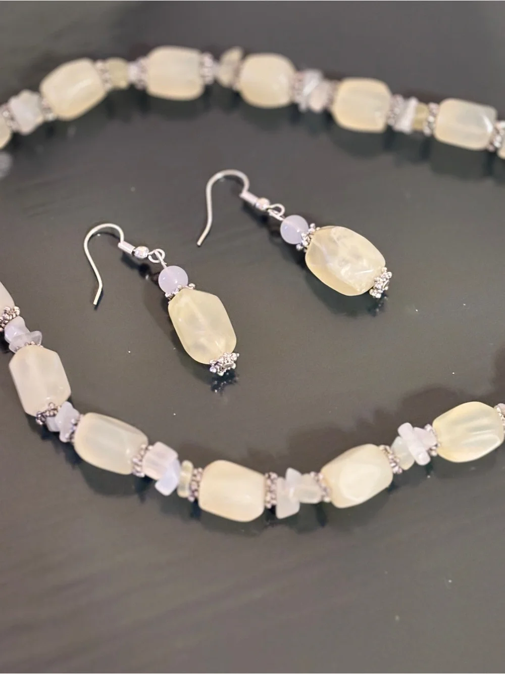 Vintage Trisha Waldron Yellow Agate Beaded Necklace and Drop Earring Set